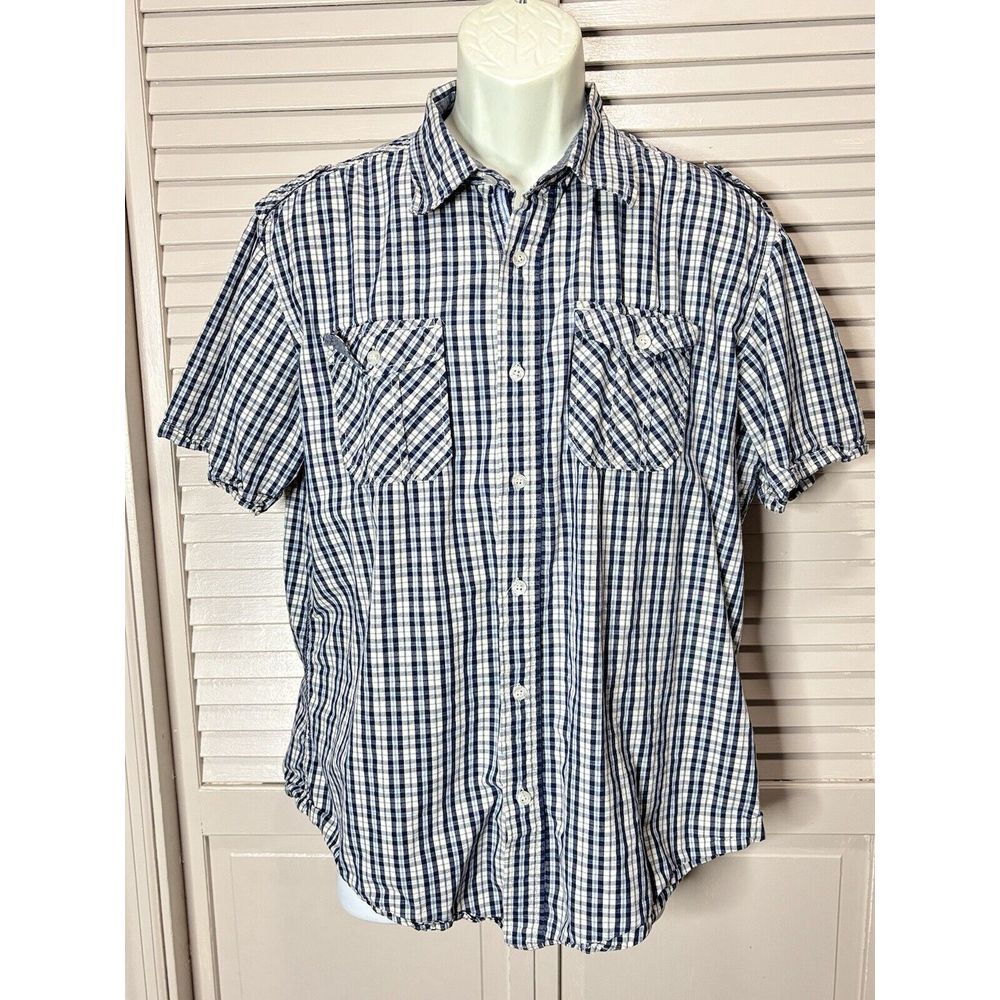 PD&C Plaid Navy/White Button Up Short Sleeve Shirt  Size‎ XL Pocket